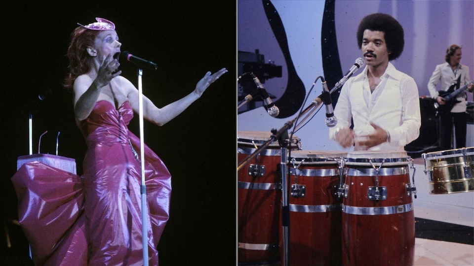 Une femme avec une robe chante à un micro et un homme chante à un micro en frappant sur des tambours.