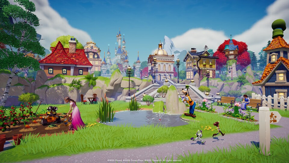 Several Disney and Pixar characters work in a garden in a village.