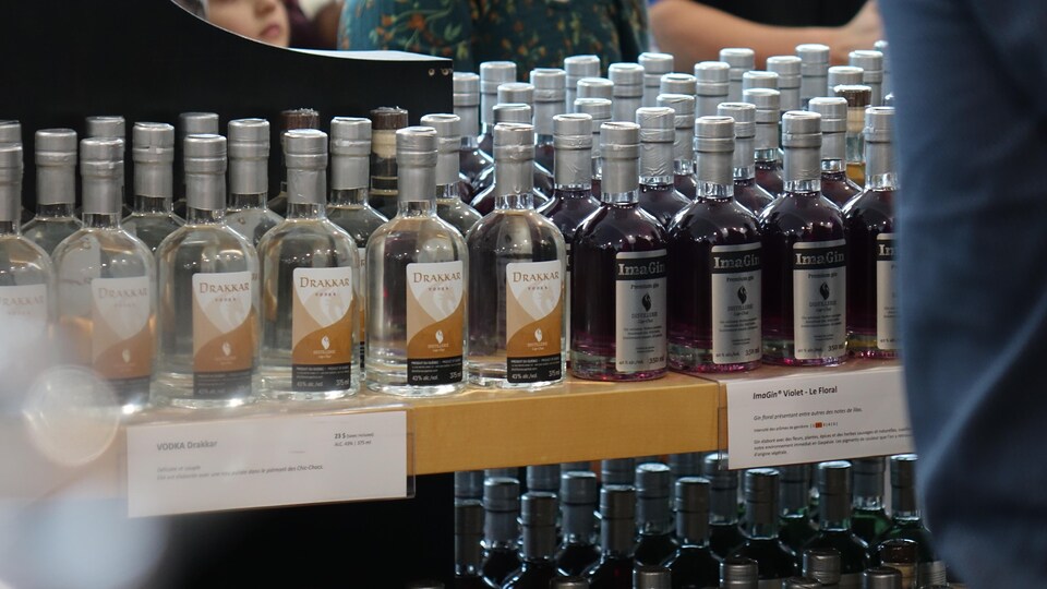 Des bouteilles de gin et de vodka de la Distillerie Cap-Chat sur une tablette. 