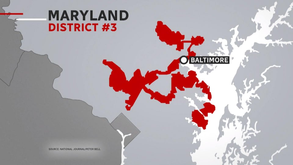 El mapa del Distrito 3 en Maryland parece una línea continua sin lógica geográfica.
