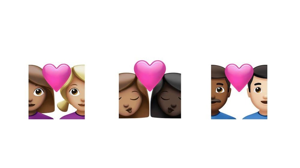 Trois émojis de couples de personnes racisées aux différentes orientations sexuelles.