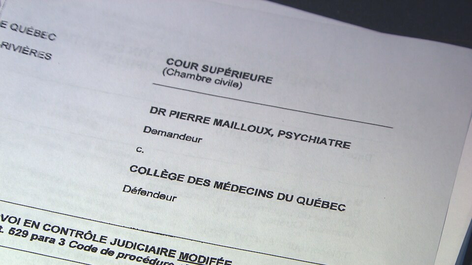 Extrait de la demande à la Cour supérieure où on peut lire que le Dr Pierre Mailloux est demandeur et le Collège des médecins est défendeur.