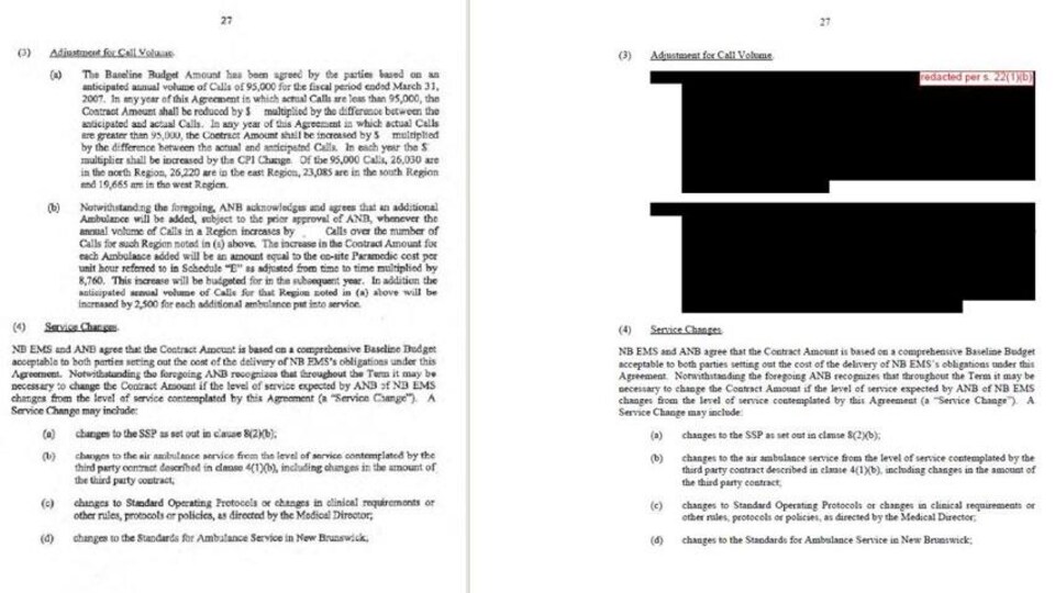 À gauche, le document rendu public par la ministère de la Santé; à droite, le même document remis par Ambulance Nouveau-Brunswick.
