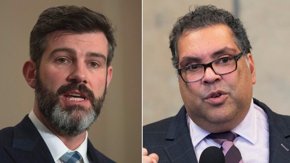 Don Iveson et Naheed Nenshi parlent en public.