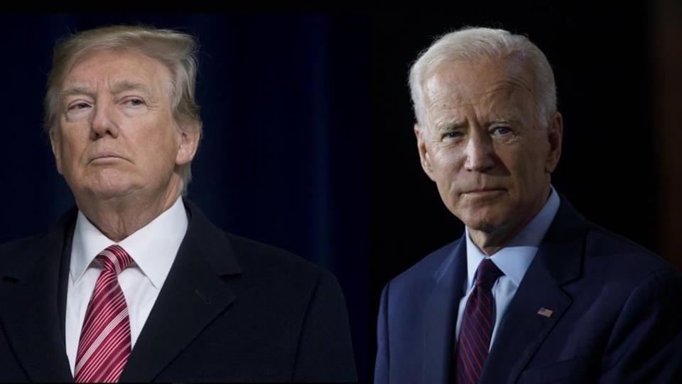 Montage photo de Donald Trump et Joe Biden, l'air sérieux, tous les deux sur un fond noir