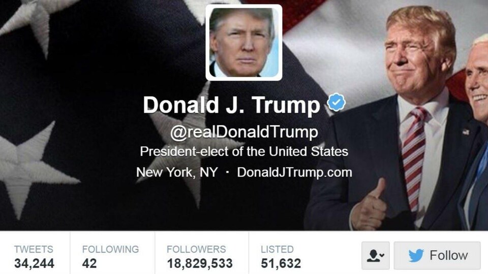 Capture d'écran de l'en-tête du compte Twitter du président des États-Unis Donald Trump, le matin du 6 janvier 2017 © Twitter