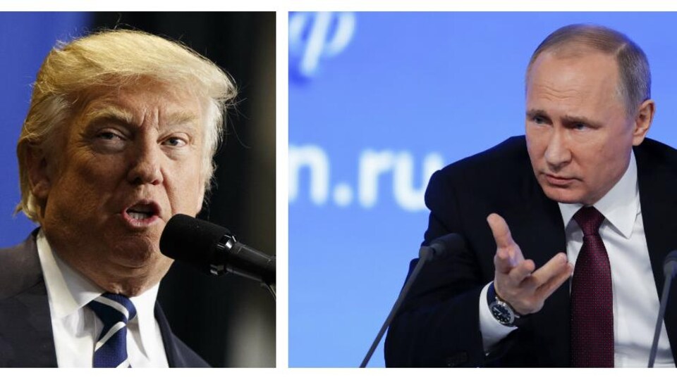 Montage de photos comprenant le président désigné des États-Unis, Donald Trump au Wisconsin le 13 décembre 2016 et le président russe Vladimir Poutine à Moscou le 23 décembre 2016