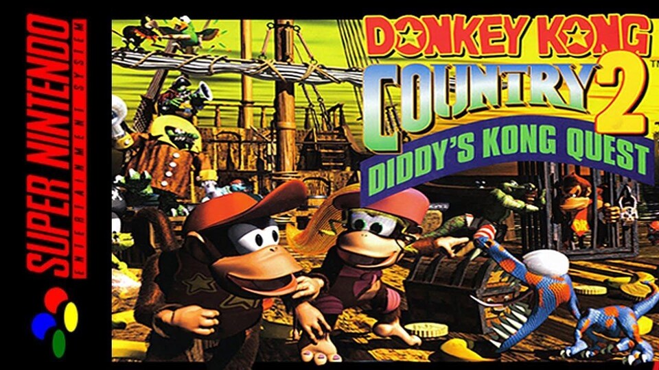 Image de la couverture du jeu vidéo, qui montre un dessin de singes, d'oiseaux et de reptiles qui interagissent sur un bateau de pirates. 