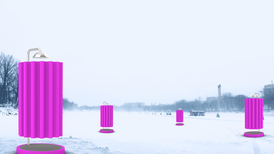 Des croquis d'installations ressemblant à plusieurs douches aux rideaux mauves sur une rivière gelée de Winnipeg.