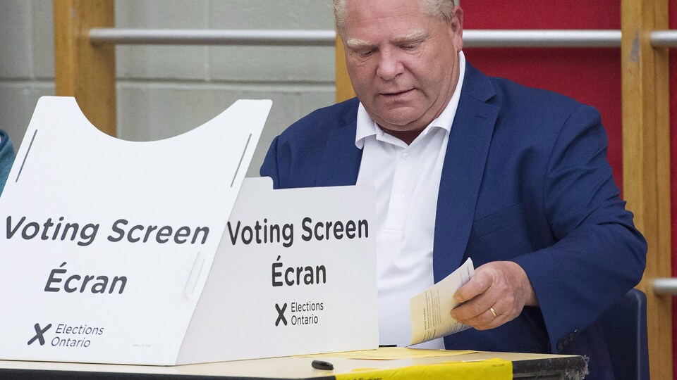 Photo de Doug Ford en train de voter derrière l'isoloir.