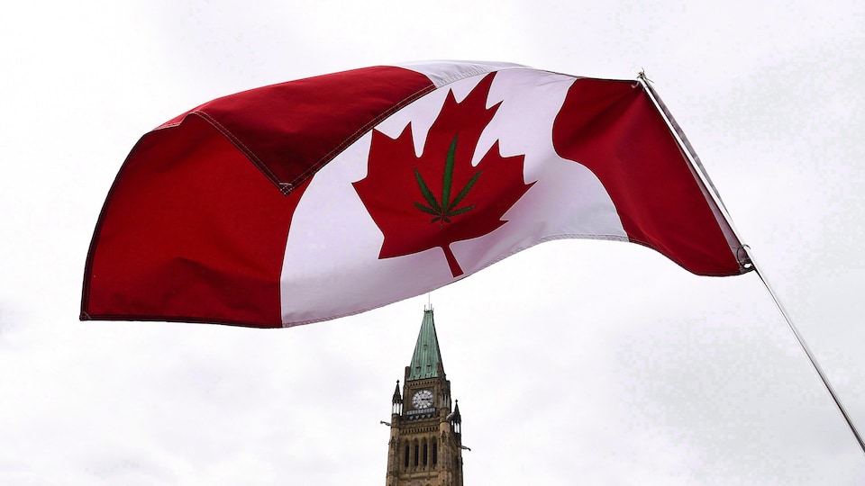 Un drapeau du Canada, où a été brodé une feuille de cannabis, flotte devant la colline du Parlement à Ottawa.