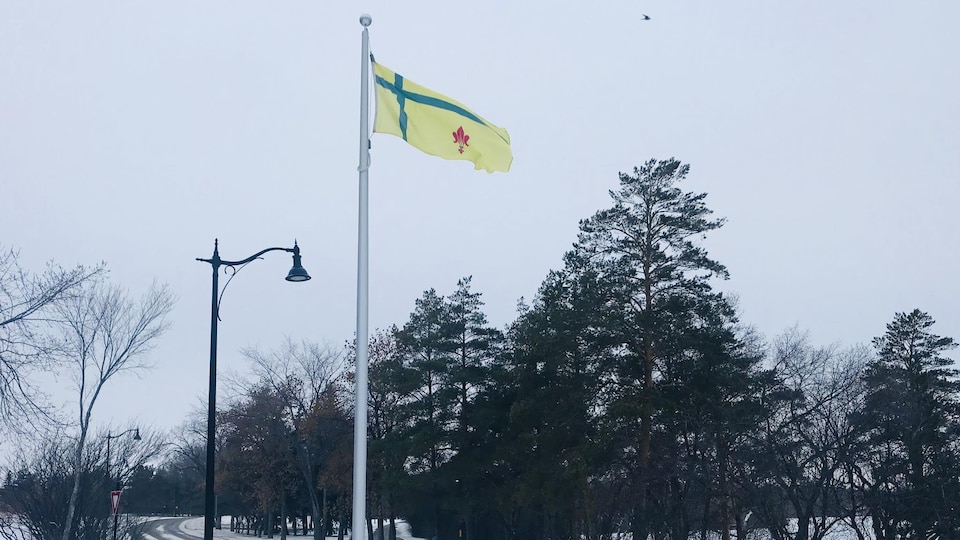 Drapeau fransaskois du parc Wascana dans un paysage d'hiver.