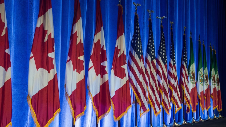 Des drapeaux du Canada, des États-Unis et du Mexique sont installés le long d'un mur.