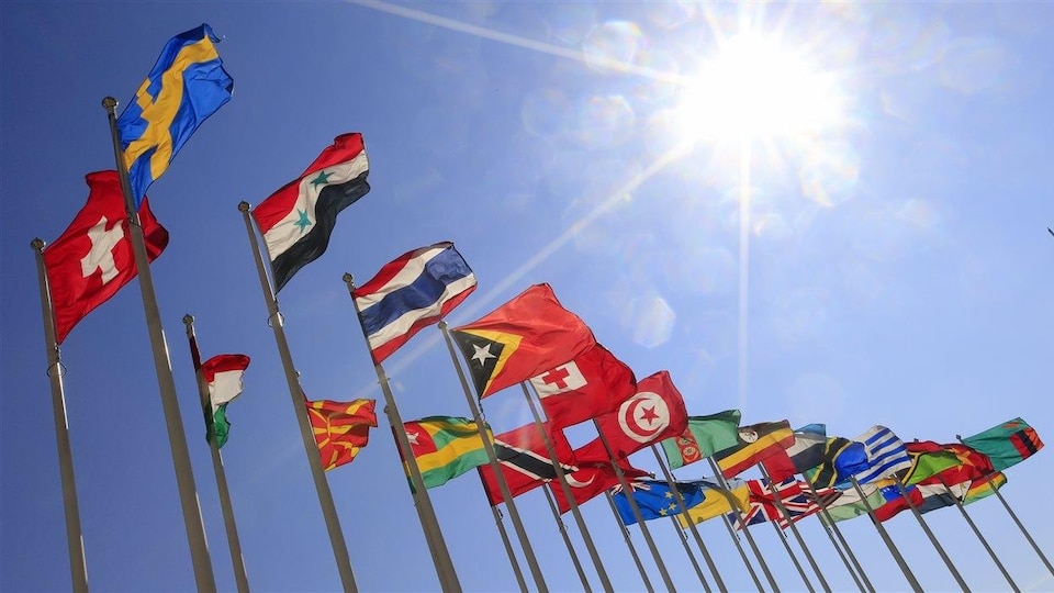 Des drapeaux de plusieurs pays flottent au vent.