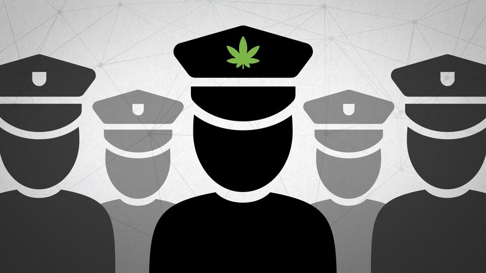 Un dessin représentant des agents de police dont un a une plante de cannabis sur sa casquette.
