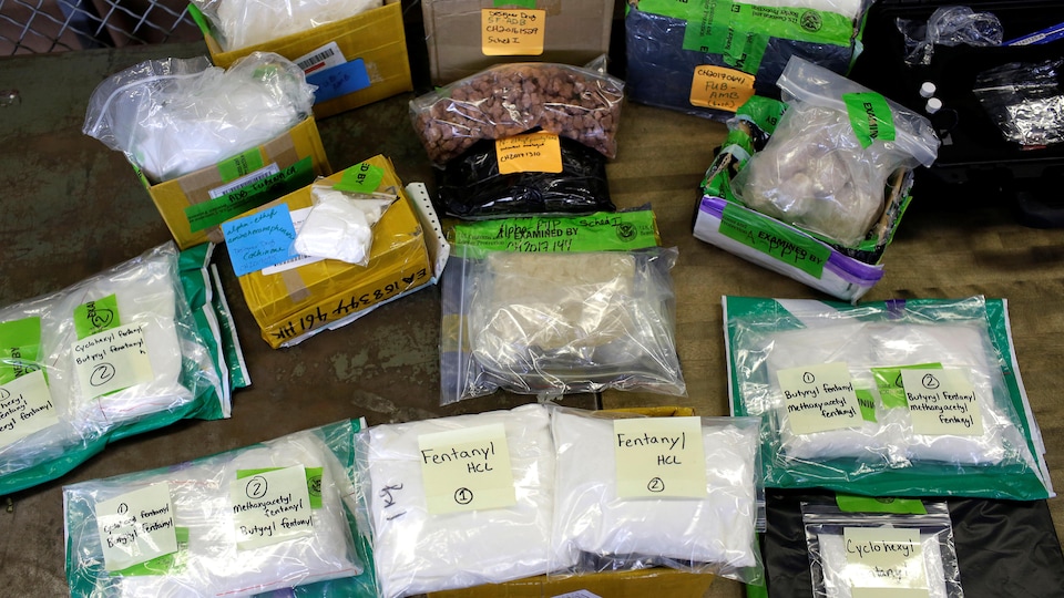 Plusieurs emballages de plastique contenant du fentanyl sont présentés sur une table en bois après avoir été saisis par les autorités.