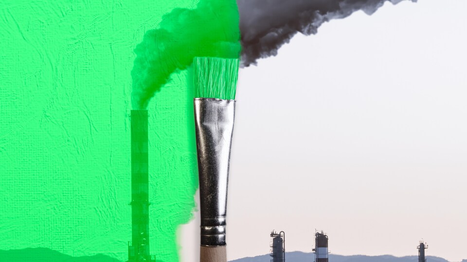 Un pinceau colore en vert une image de fumée d'usine.