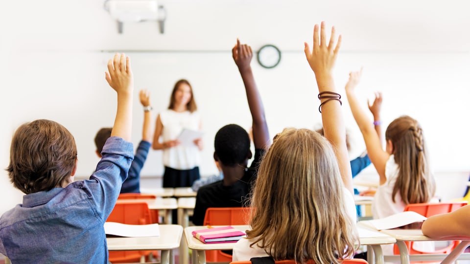 Des élèves assis en classe lèvent la main devant leur enseignante.