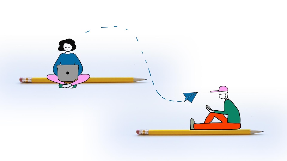 Dessin de deux enfants qui communiquent entre eux avec un téléphone intelligent et un ordinateur