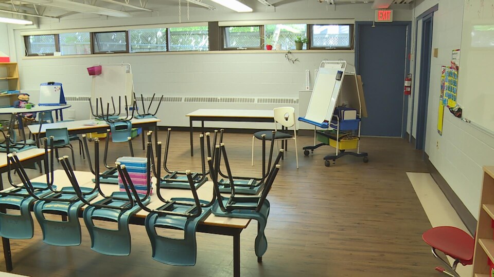 Une classe, avec les chaises sur les pupitres.