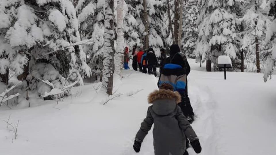 Des enfants marchent dans la neige en forêté