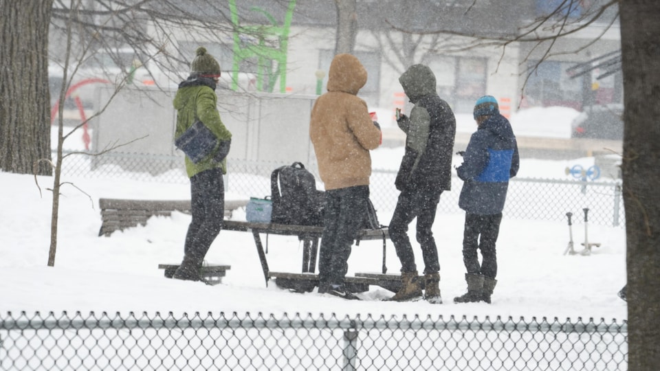 Quatre jeunes, dehors, durant une averse de neige.