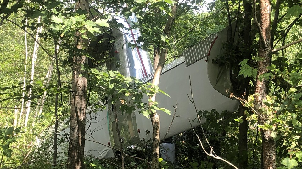 L'aéronef écrasé dans les arbres.
