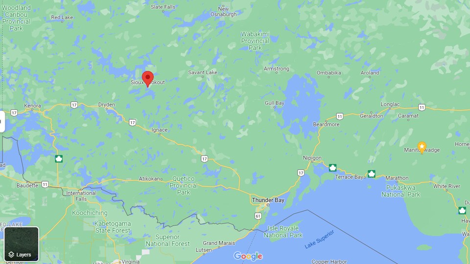 A map of Northern Ontario showing the Sioux Lookout, marked with a red dot.