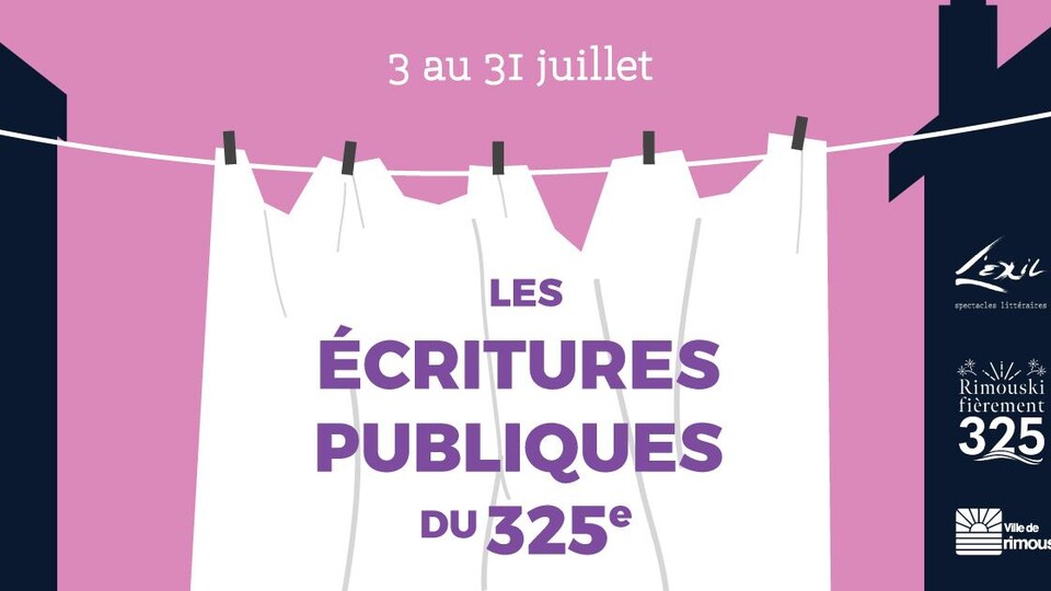 La phrase « Les écritures publiques » est écrite sur un tissu accroché sur une corde à linge en dessin animé.