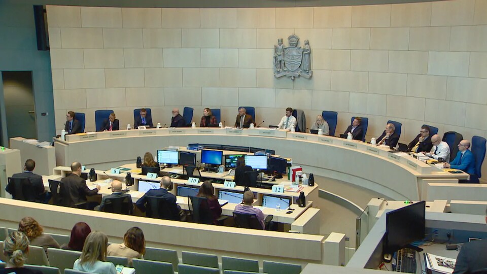 Les conseillers municipaux sont assis dans la salle du conseil, face à d'autres personnes.