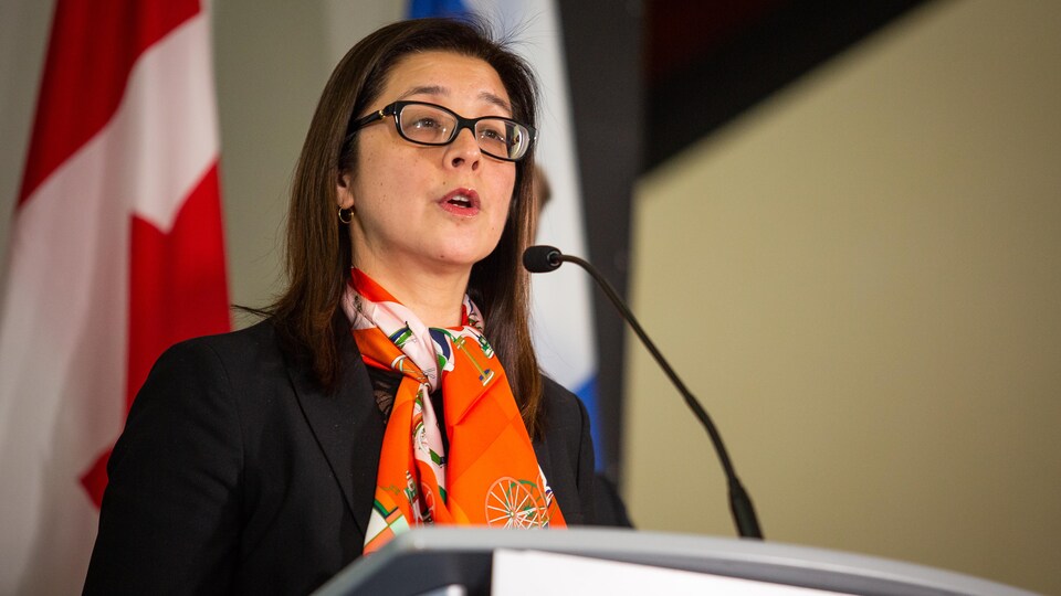 Dre Eileen de Villa s'adressant aux médias.