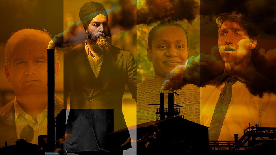 Justin Trudeau, Annamie Paul, Jagmeet singh et Erin O'Toole devant une usine.