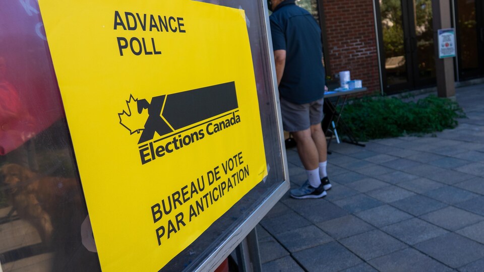 Une affiche jaune d'Élections Canada et un homme qui fait la file à l'extérieur.