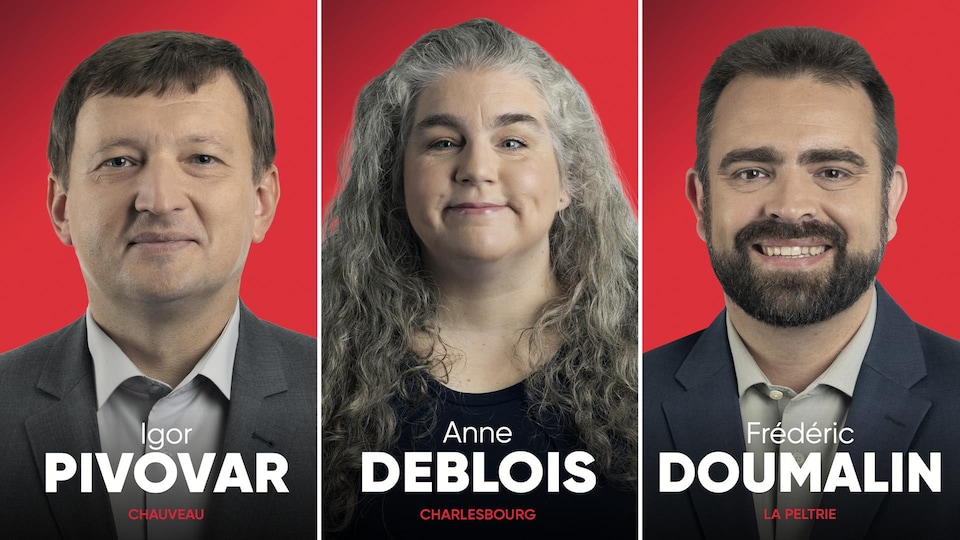 Montage des trois photos de candidats sur fond rouge du Parti libéral. 