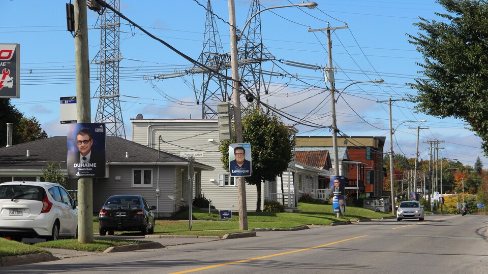 Vue d'une rue avec différentes pancartes accrochées aux poteaux.