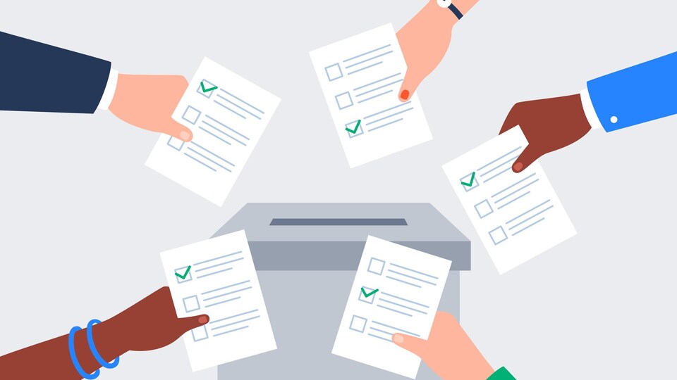 Illustration de différentes personnes qui votent. Les mains mettent des bulletins de vote en papier dans une urne électorale.