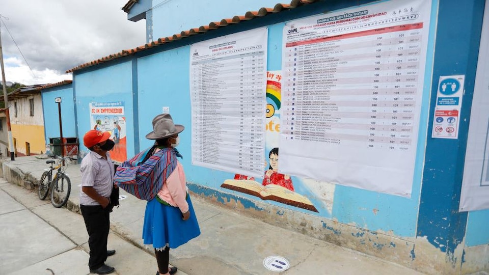 Deux personnes regardent une affiche sur un mur.