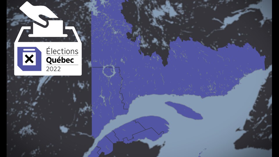 Carte de l'Est-du-Québec délimitant les circonscriptions électorales provinciales. Une urne y est dessinée, arborant le logo d'Élections Québec 2022.