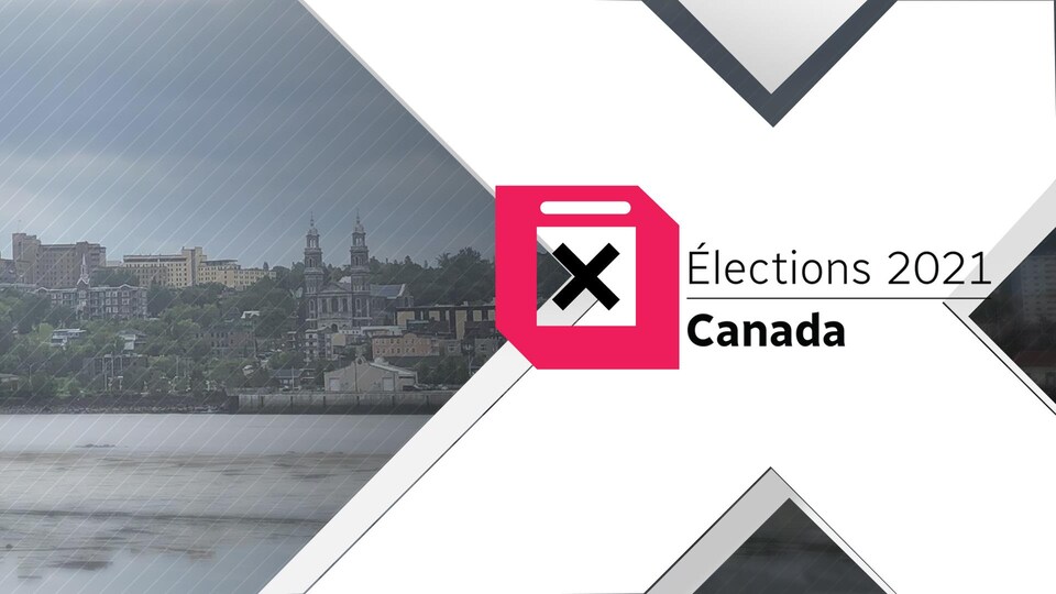 Un logo des élections fédérales 2021 avec Saguenay en arrière-plan.