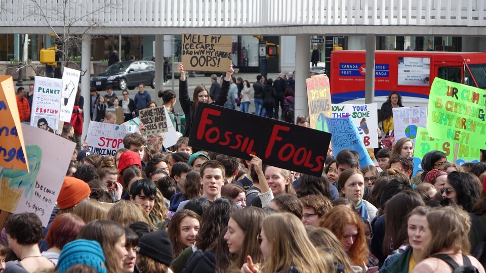 Une foule de manifestants avec des pancartes.