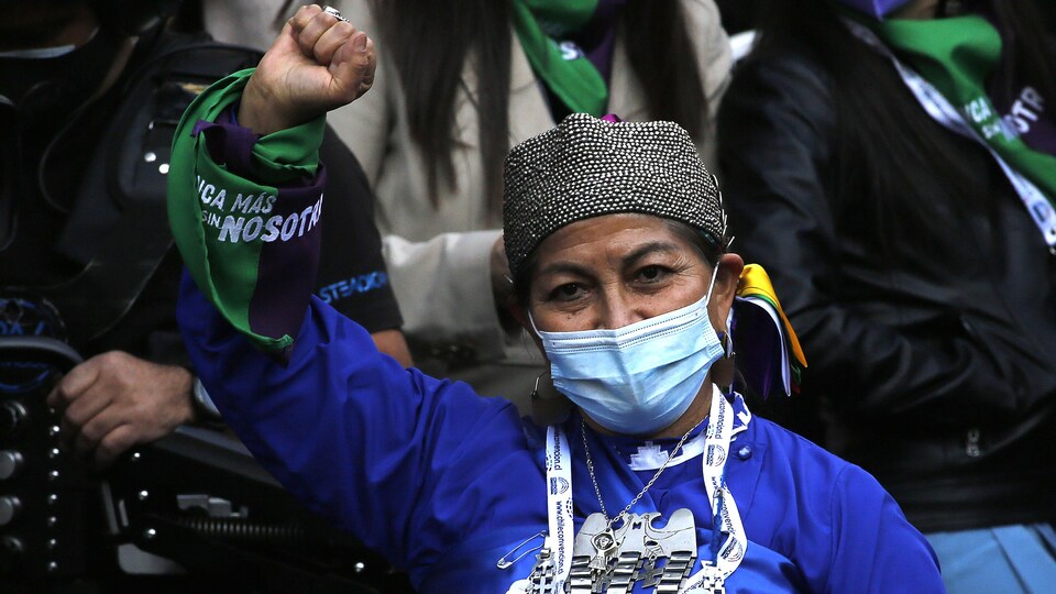 Une femme mapuche a le poing en l'air.