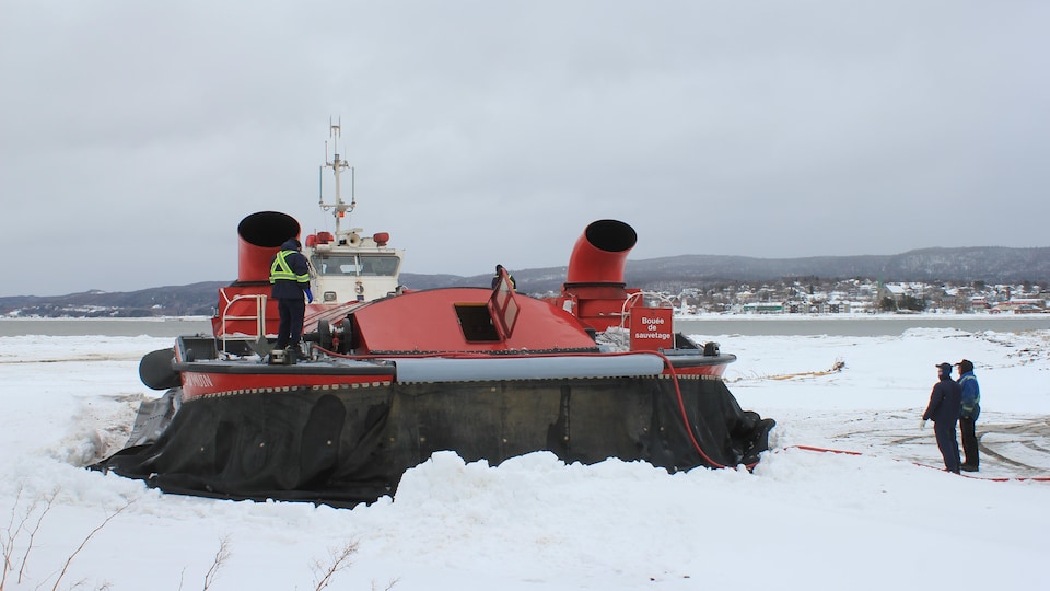 The Coast Guard hovercraft is parked at Pointe-à-la-Croix.
