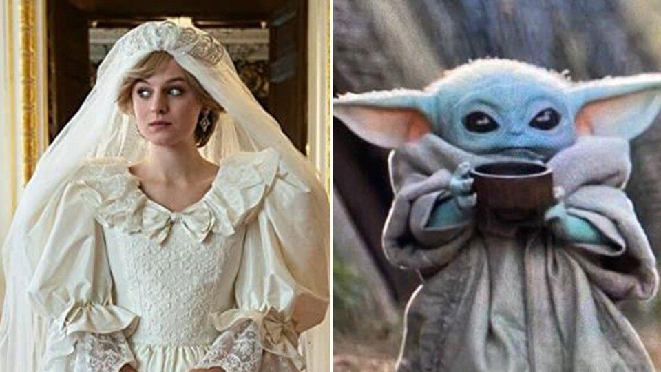 Montage photo représentant une femme portant une robe de mariée et Bébé Yoda