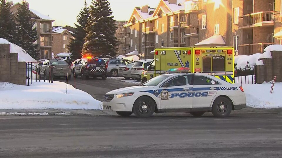 Des autopatrouilles et une ambulance sont rassemblées devant des immeubles de logements.