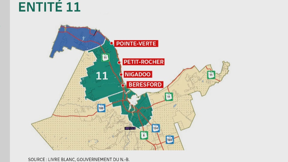Une map de la région Chaleur, au Nouveau-Brunswick, où il est écrit «Entité 11». On y voit Pointe-Verte, Petit-Rocher, Nigadoo et Beresford regroupés. 