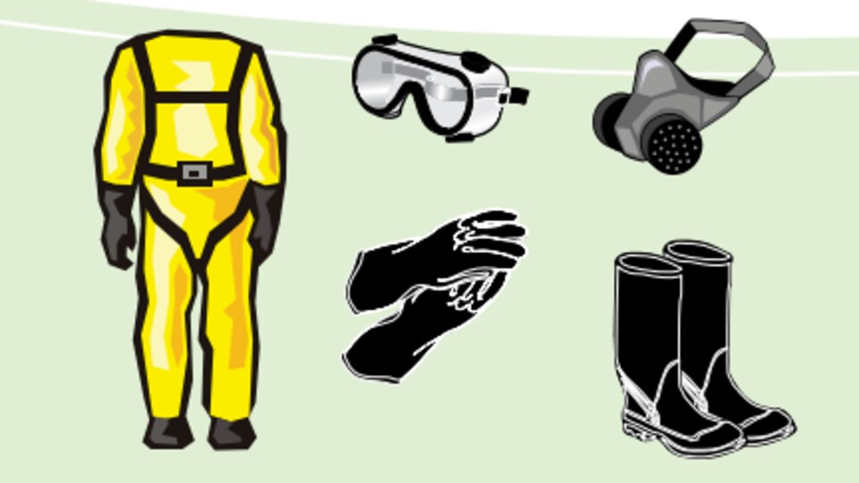 Un dessin montre un habit de protection, un masque, des gants et des bottes.