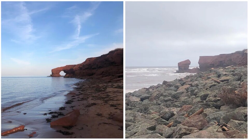 Montage photographique avant et après l'effondrement de l'arche rocheuse.