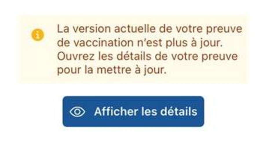 Un message de l'application VaxiCode qui demande aux utilisateurs de mettre leur preuve de vaccination à jour.