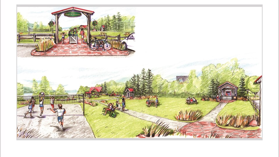 Une esquisse du parc avec un terrain de volleyball, des sentiers, un préau et un parc d'amusement pour les enfants.