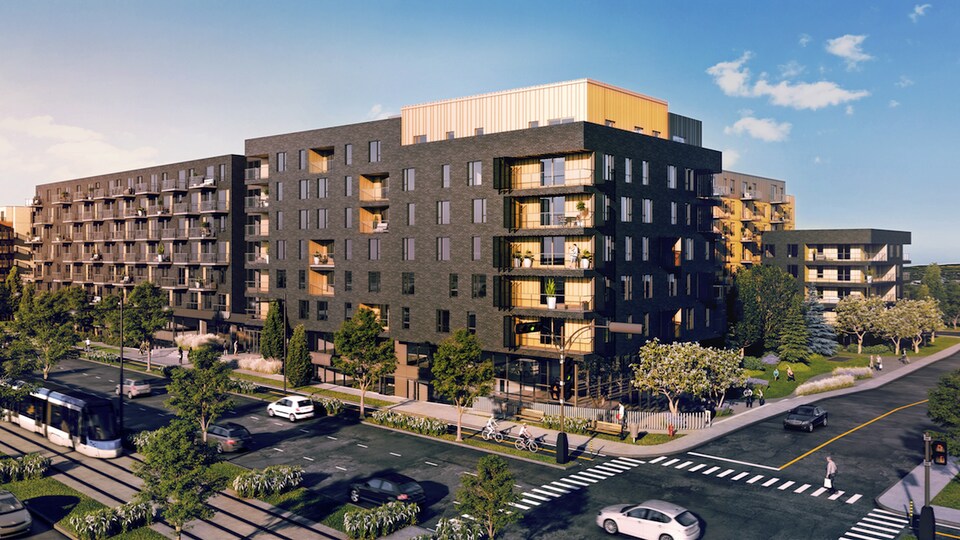 Un projet de condo, en esquisse, avec beaucoup d'arbres autour et des gens, des voitures et des cyclistes qui circulent.